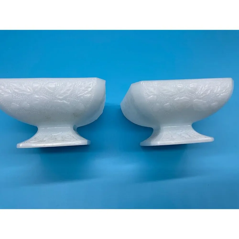Set of 2 Footed Milk Glass Bowls Vintage Square Shape Decorative Embossed Design